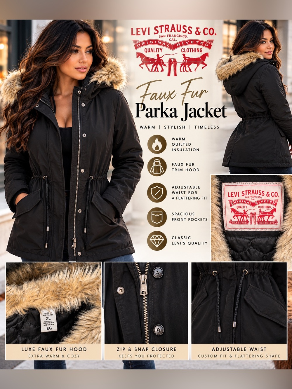 Levi's Faux Fur Parka Jacket - Black size XL NWOT
